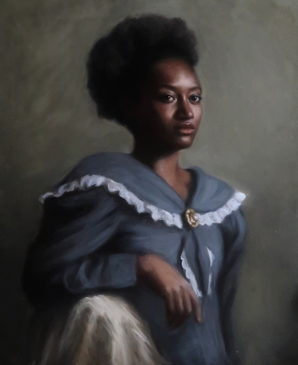 Portrait of a seated woman in a blue dress with a white collar