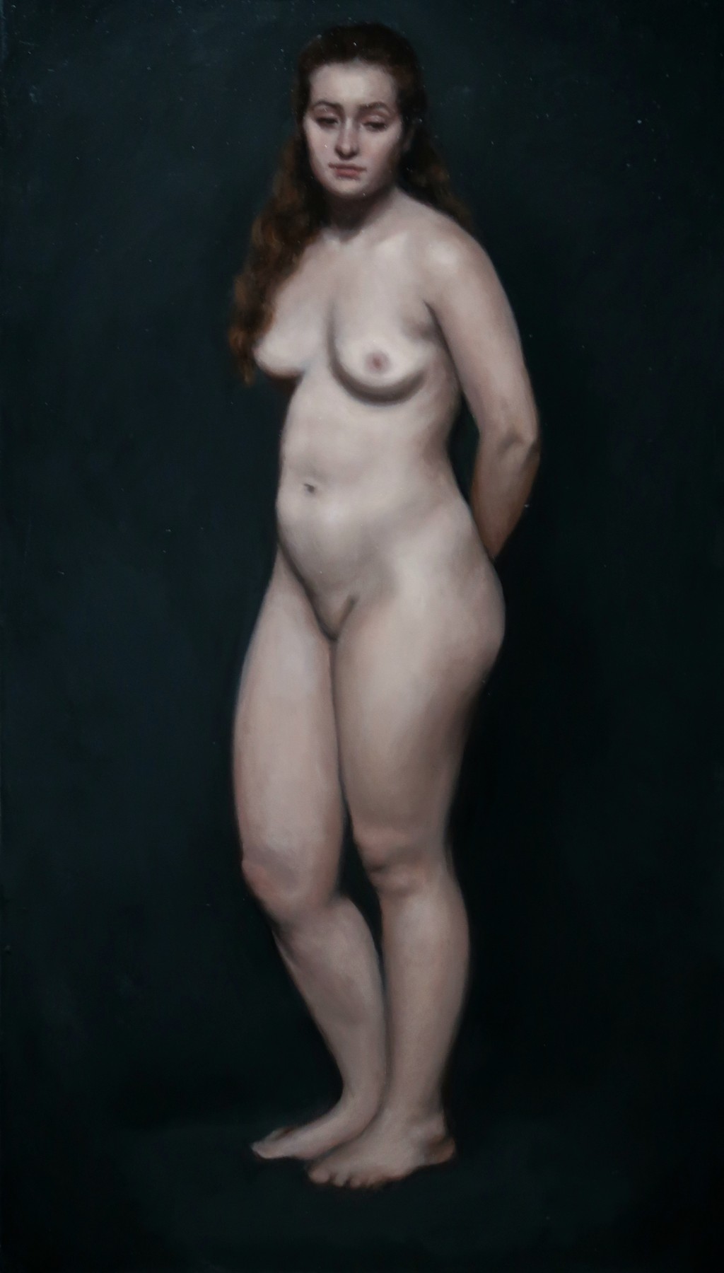 Full-length figure painting of a standing woman with her hands behind her back