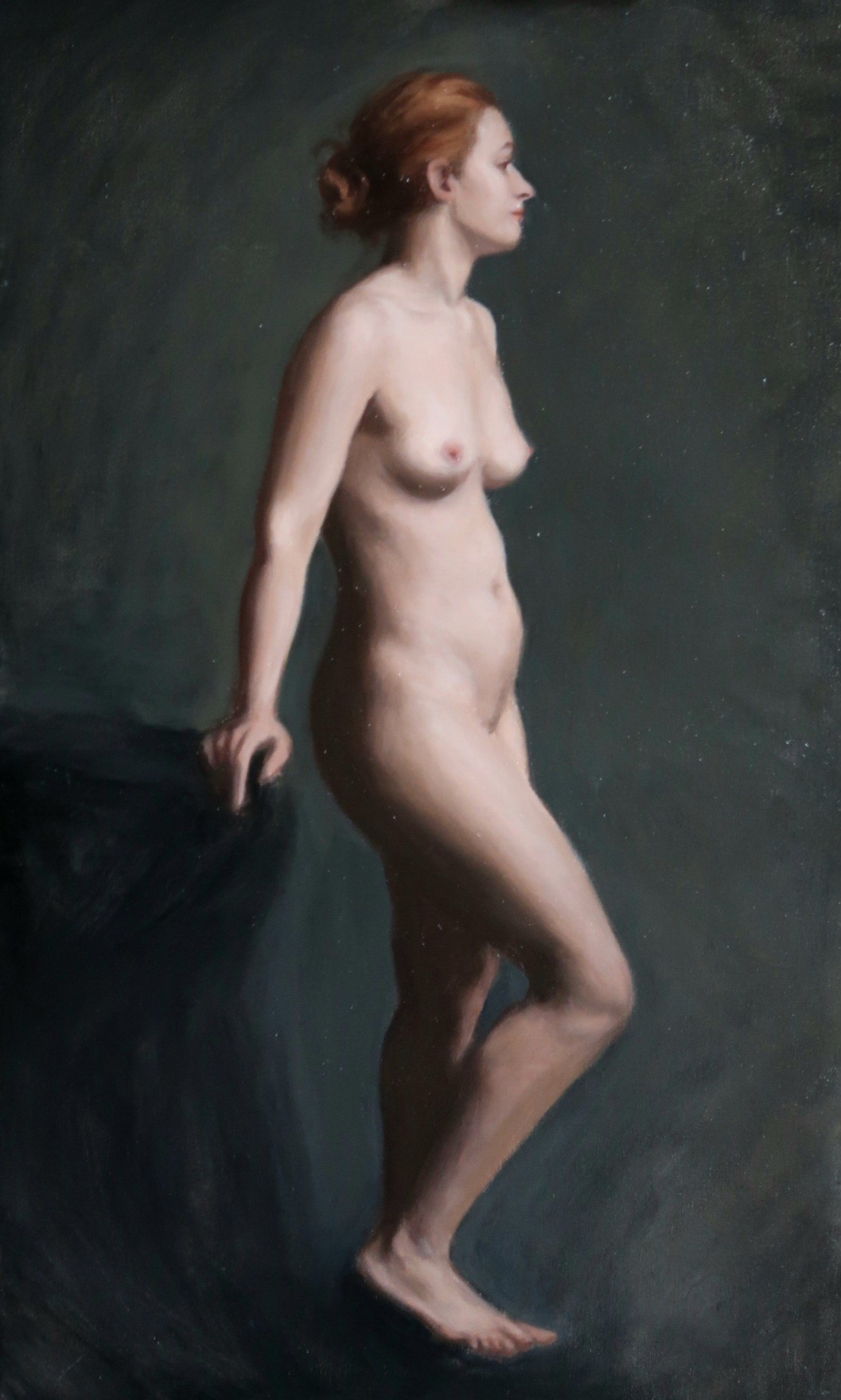 Full-length figure painting of a standing red-haired woman in profile