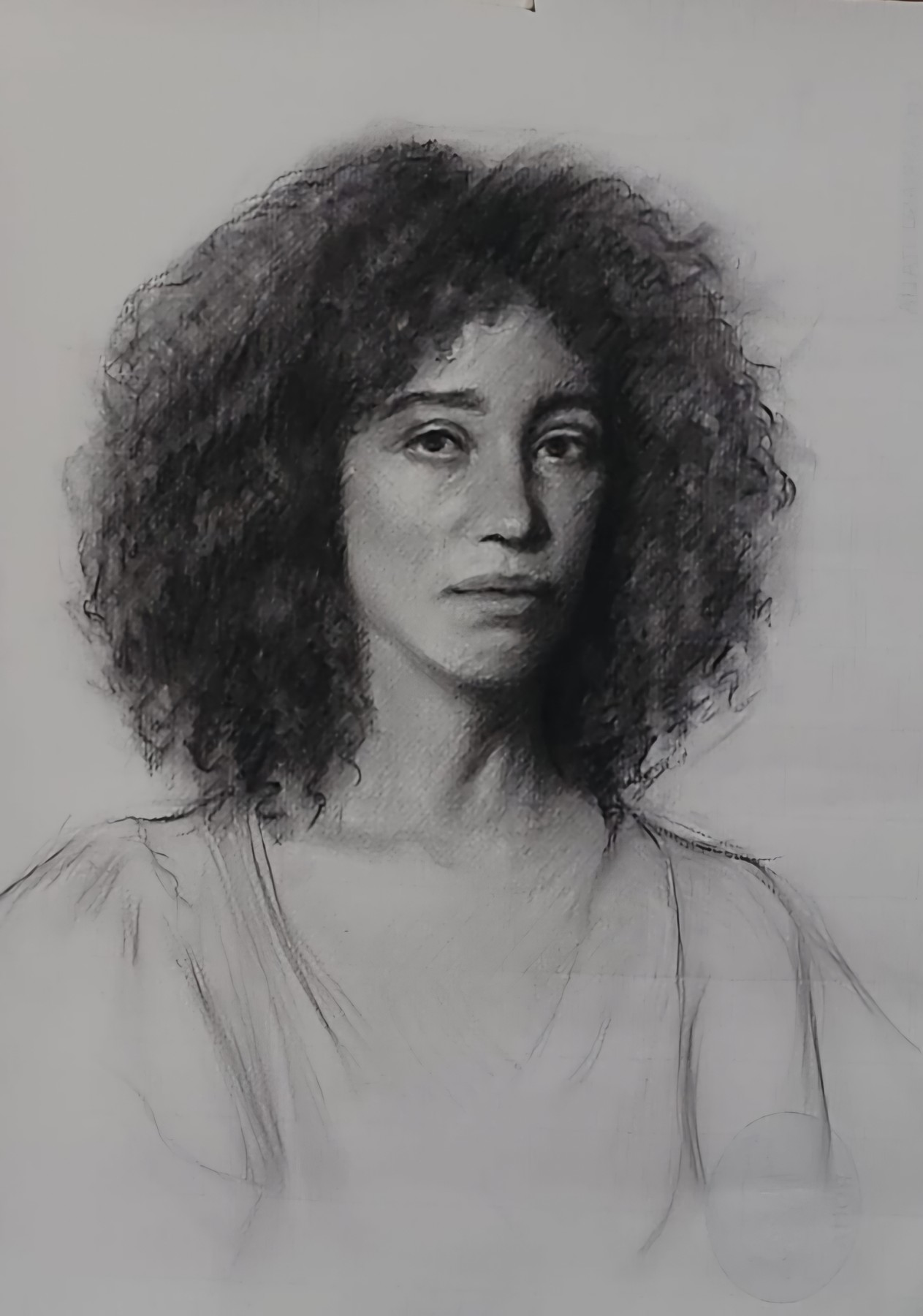 Charcoal portrait of a woman with curly hair