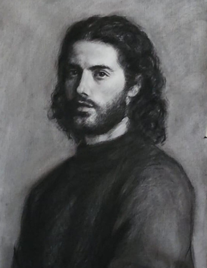 Charcoal portrait of a bearded man in a dark top