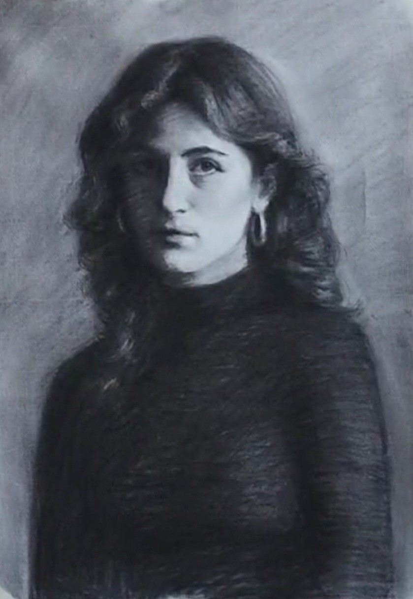 Charcoal portrait of a woman in a dark high-necked top