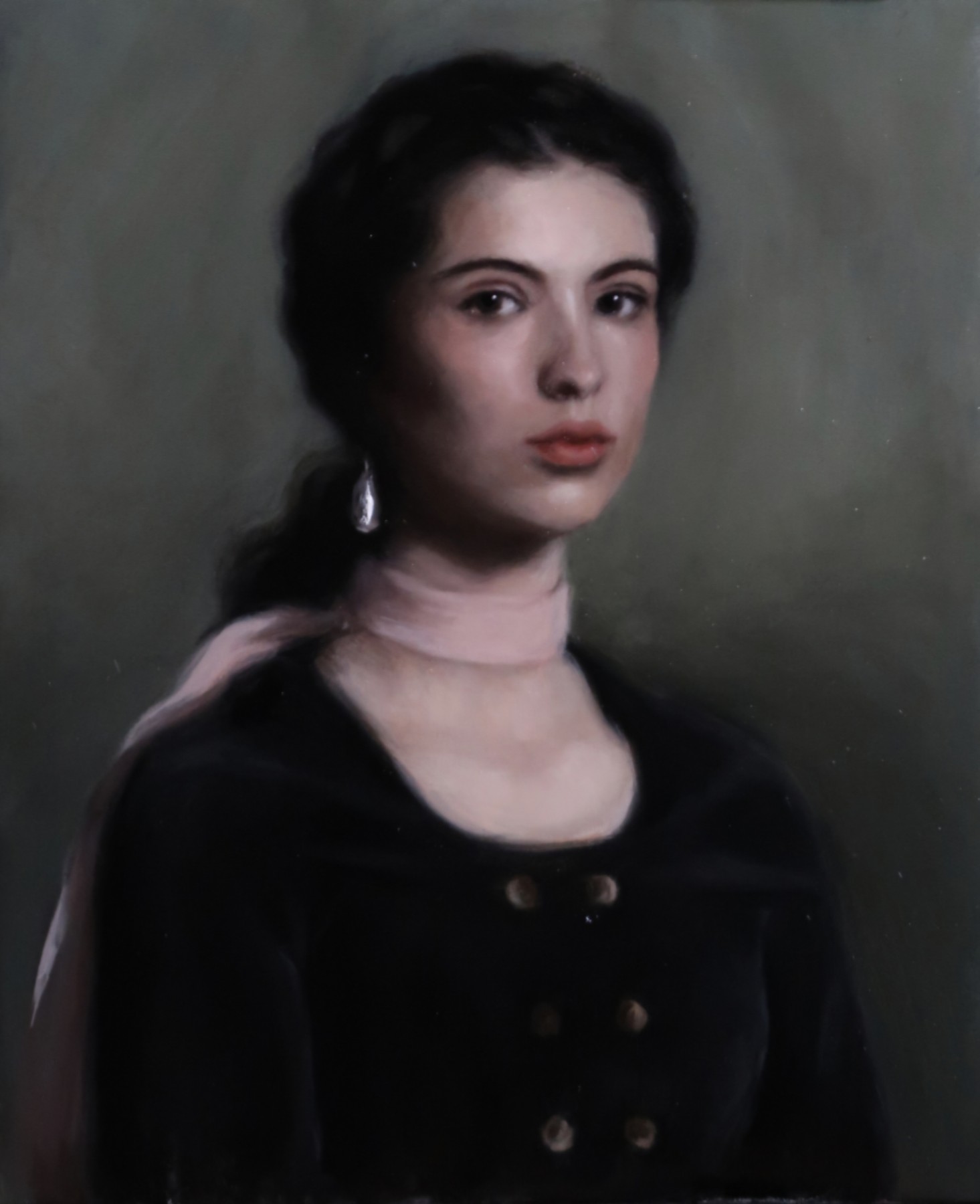 Portrait of a woman wearing a black dress and pink ribbon